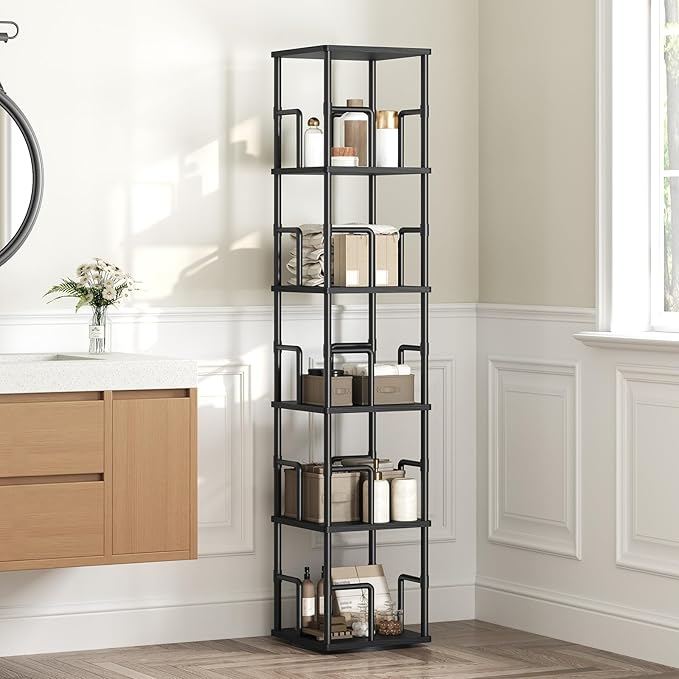MAHANCRIS 5-Tier Rotating Bookshelf, Freestanding Corner Bookshelf, 360° Spinning Bookcase, Industrial Style Storage Rack with Rails, for Living Room, Bedroom, Study, Black BKBK1601
