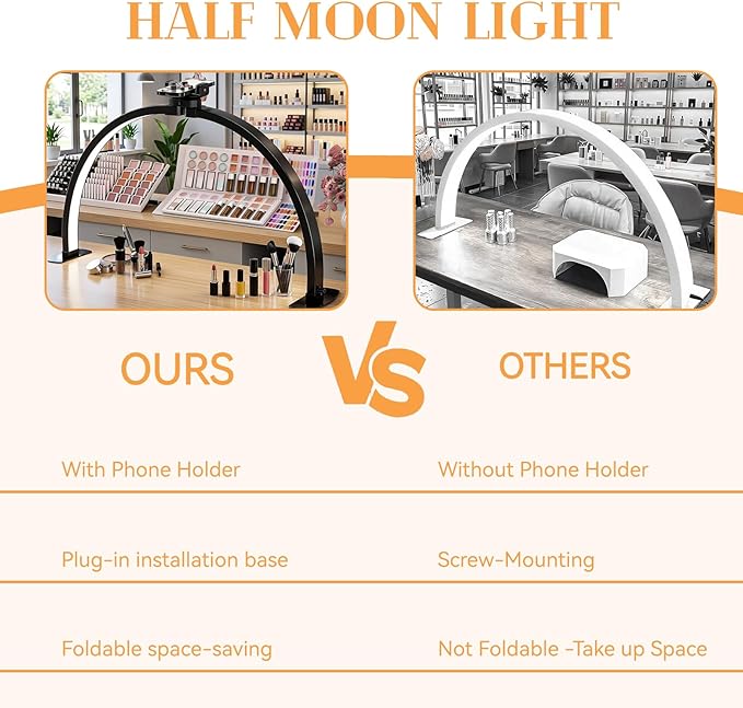 Kadden Foldable Large Half Moon LED Light for Table Nail Desk with Phone Stand, Upgrade Arch Light for Nail Techs with Wire Controller for Manicure Tattoo Beauty (Black, Large)