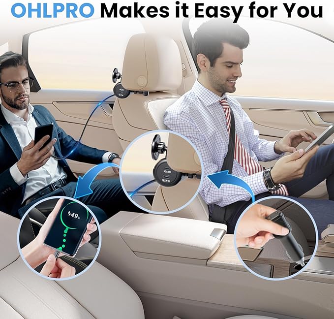 OHLPRO Backseat Retractable Car Charger Station, 6-in-1 Charging Box with Car Headrest Magnetic Mount Holder, 2-Port PD 20W/QC 20W Cigarette Lighter Adapter Fit for All Phones,Uber,Lyft,Taxi,Rideshare