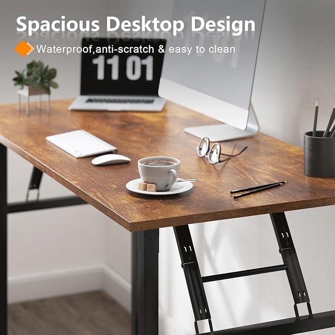 Need Home Office Desk - 62 Inches Large Computer Desk Sturdy Black Table Foldable Desk Gaming Computer Table No Assembly Required Rustic Brown AC5FB(157.5 * 60)
