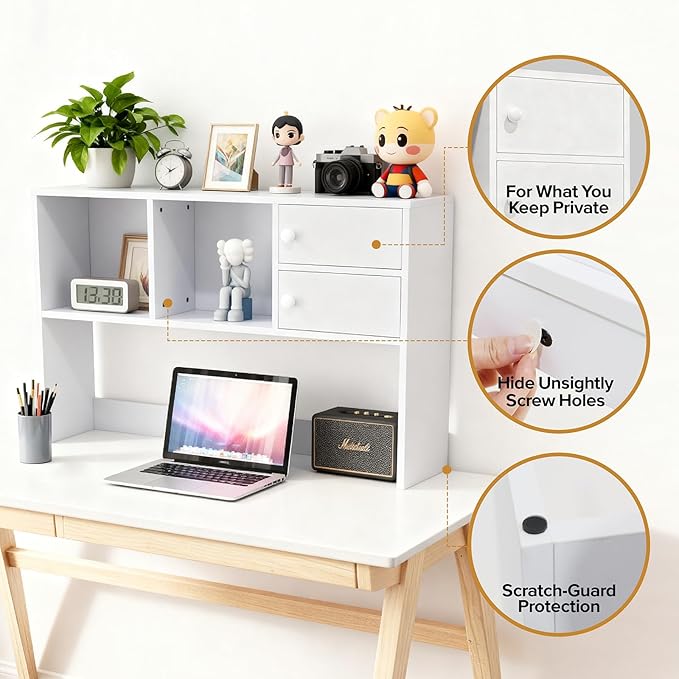 YGYQZ White Wood Desk Hutch, 176LB Strong Bearing Capacity, Freestanding Desktop Organizer with Storage Shelf, Space Saving Shelf for Home Office, Study Room, Dorm, Gaming Desk