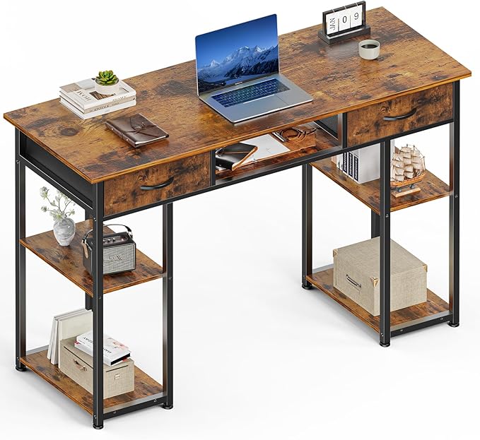 Sweetcrispy Computer Gaming Desk with Drawers & Storage Shelves - 48 Inch Bedroom Writing Study Home Office PC Table, Adjustable Feet, Rustic Brown