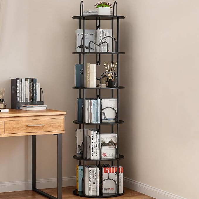 5 Tier Rotating Bookshelf, 360° Spinning Bookshelf Tower, Narrow Corner Book Shelf, Revolving Bookcase Corner Tall Book Shelf for Small Spaces, Bedroom, Living Room, Black