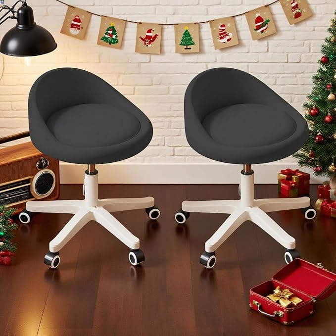 Swivel Rolling Stool with Wheels, Height Adjustable PU Leather Drafting Chair, Round Seat for Salon, Spa, Tattoo, Office, Home Use Black Set of 2