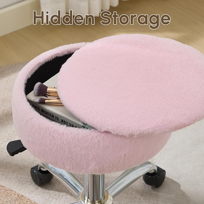 Gitrah Vanity Chair with Wheels Adjustable Vanity Stool with Storage Swivel Vanity Stool for Vanity Rolling Makeup Stool Chair Faux Fur Light Pink