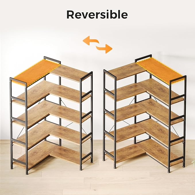 Casaottima Corner Book Shelf, 5 Tier Reversible Bookshelf for Living Room, Industrial Wooden Bookcase with Open Shelves and Metal Frame for Bedroom, Home Office, Kitchen, Vintage