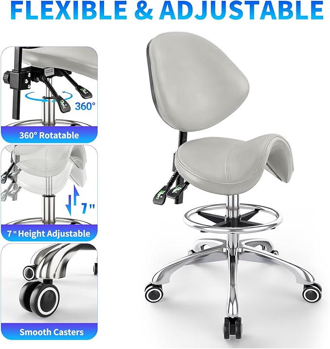 Saddle Chair with Back Support - Tilted Backrest, Adjustable Foot Rest, 350 LBS Capacity Ergonomic, 360° Swivel Drafting Chair for Salon,Spa, Massage, Tattoo, Facial lash, Home, Dentist（Grey）
