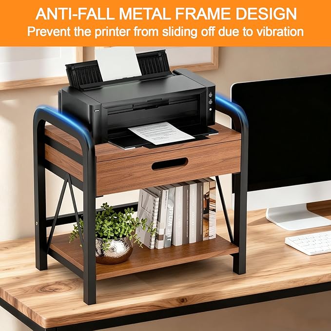 Printer Stand with Storage for Desk, 2 Tier Desktop Printer Table Shelf for Home Office with Wooden Storage Drawer, Multi-Purpose Desk Organizer for Fax Machine, Scanner