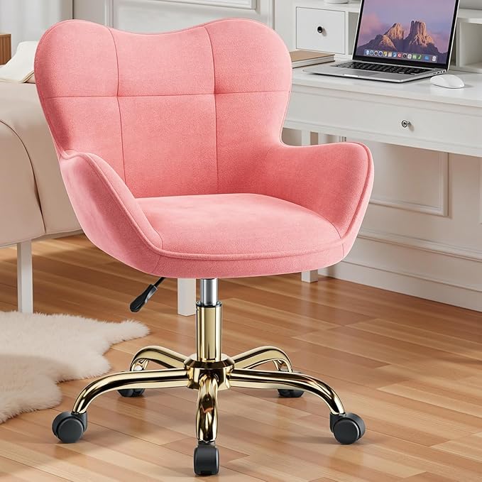 Vanity Chair with Wheels, Cute Home Office Desk Chairs Adjustable Height for Living Bedroom, Small Modern Fluffy Velvet Makeup Chair with Back for Girls (Pink)