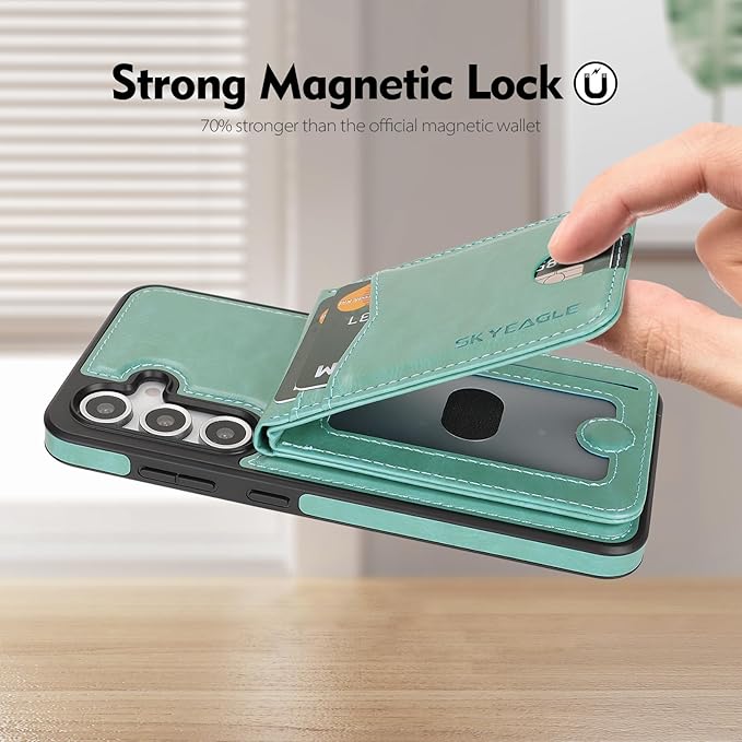 SkyEagle Compatible with Magsafe 2 in 1 Detachable Galaxy S25 Wallet Case with Card Holder,Women Men Magnetic PU Leather RFID Blocking Flip Kickstand Credit Slots for Galaxy S25 6.2",Blue Green