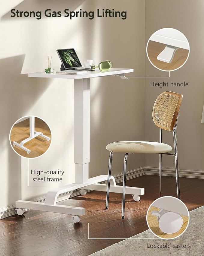 WALKINGDESK Height Adjustable Mobile Standing Desk with 360° Swivel Casters, 29"-45" Pneumatic Rolling Desk on Wheels, Perfect for Home Office, Bedroom, Living Room, White