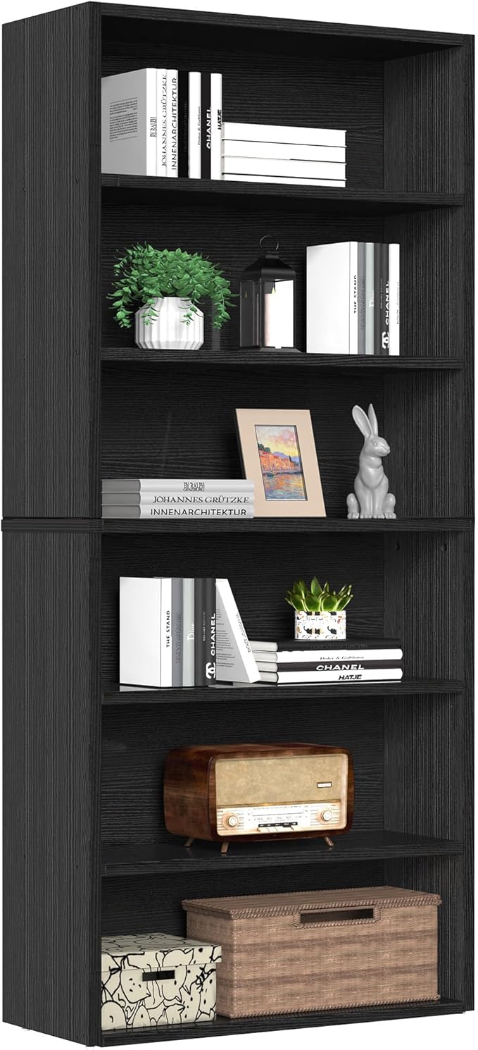 Sweetcrispy Industrial 6 Shelf Bookcase - Large 63 Inch Tall Floor Standing Open Bookshelf for Home Office, Living Room, and Bedroom Storage, Classic Black