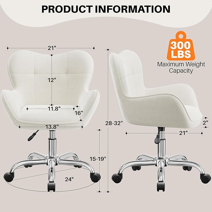 Vanity Chair with Wheels, Cute Home Office Desk Chairs Adjustable Height for Living Bedroom, Small Modern Fluffy Velvet Makeup Chair with Back for Girls (White)