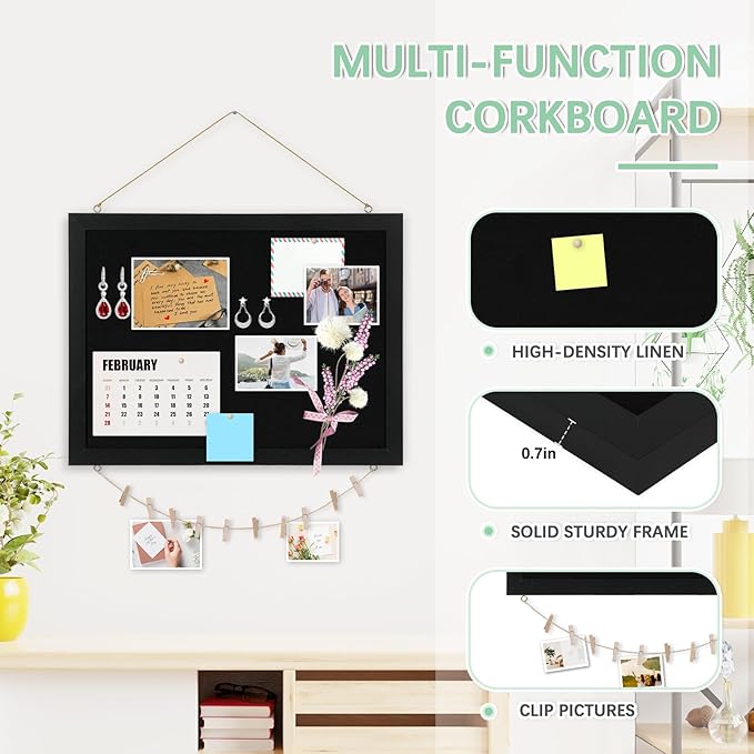DOLLAR BOSS Large Black Cork Board Double-Sided Bulletin Board with Linen 24''x 18'', Black Cork Boards for Walls Wood Frame Hanging Pin Board, Cork Board for Office Home School 1-Pack