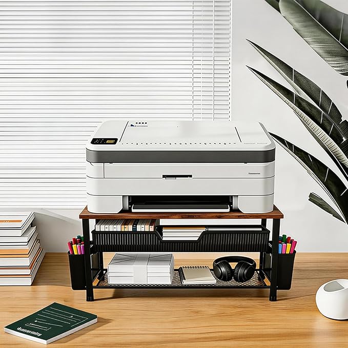 Printer Stand for Desk with Storage, Wood Metal Desk Organizer with Drawer and Pen Holder, Printer Table for Home Office, Multi-Purpose for Fax Machine, Scanner, Die-Cut Machine, Files (Brown)