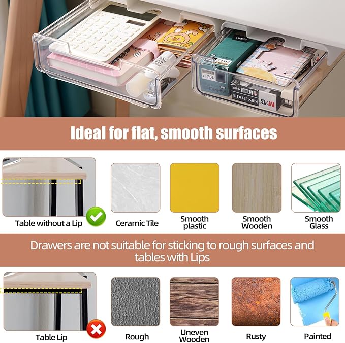 TooCust 2 Pack Under Desk Storage Drawers Slide Out-Drill-On or Self-Adhesive,Large&Medium Drawer Under Desk Organizer Under Table Drawer for Home Office School Organization and Storage
