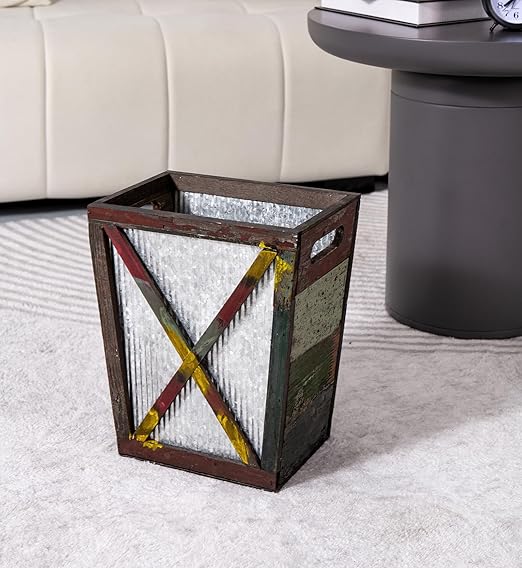 Venalys Small Wood Trash Can Wastebasket, Decorative Barn Door Garbage Can Waste Basket, Rustic Distressed Rectangular Trash Bin, Farmhouse Wooden Storage Basket Waste Paper Bin (Random)