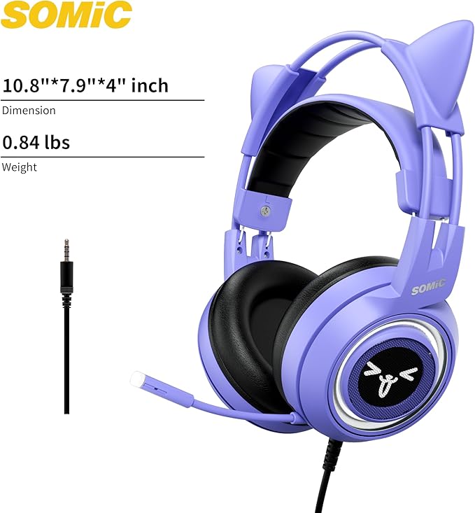 SOMIC G951S Purple Stereo Gaming Headset with Mic for PS4, PS5, Xbox One, PC, Phone, Detachable Cat Ear 3.5MM Noise Reduction Headphones Computer Gaming Headphone Self-Adjusting Gamer Headsets