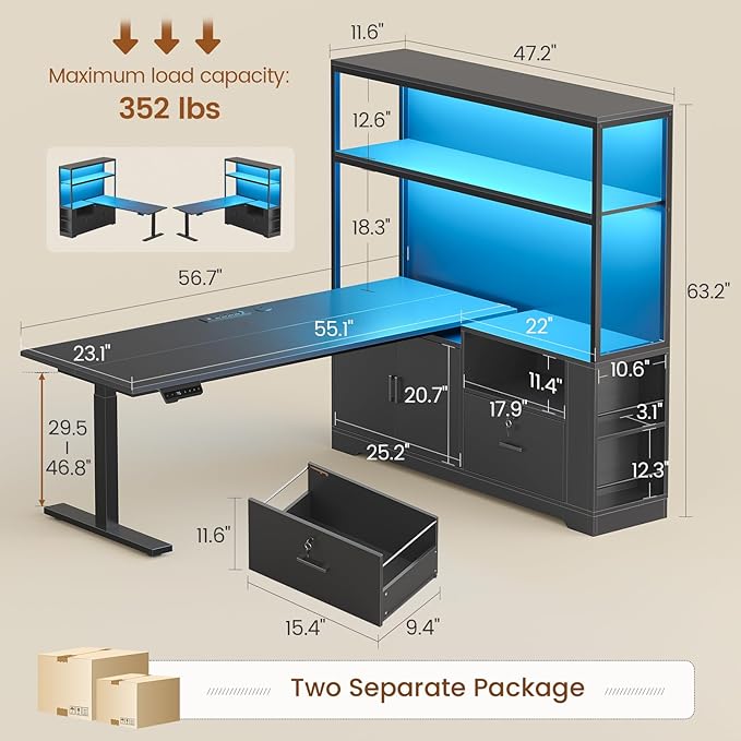 SEDETA 56.7" L Shaped Standing Desk, Reversible Computer Office Desk with Drawers & Hutch, Stand Up Corner Gaming Desks with LED Lights & Power Outlets for Home Office, Black