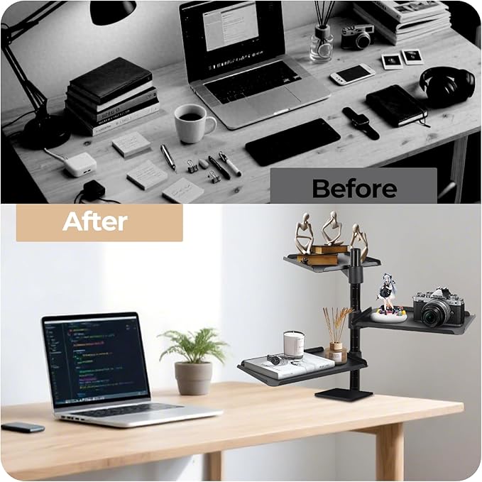 FAHKNS Multifunctional Desk Clamp Shelf，3-Tier Clamp on Desk Shelf，Ergonomics Metal Desk Extension for Home/Office/Game Room，Tabletop Book Storage Rack，Desktop Thickness 0.4-2.2”