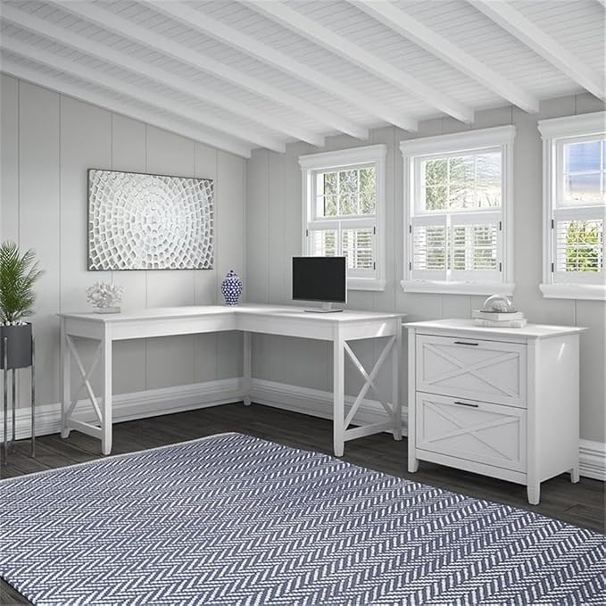 Scranton & Co L Shaped Engineered Wood Desk with File Cabinet, 60W x 60D x 30H, White Finish, Sturdy Coastal Farmhouse Style Home Office Desk Set with 2 Drawer Filing Storage