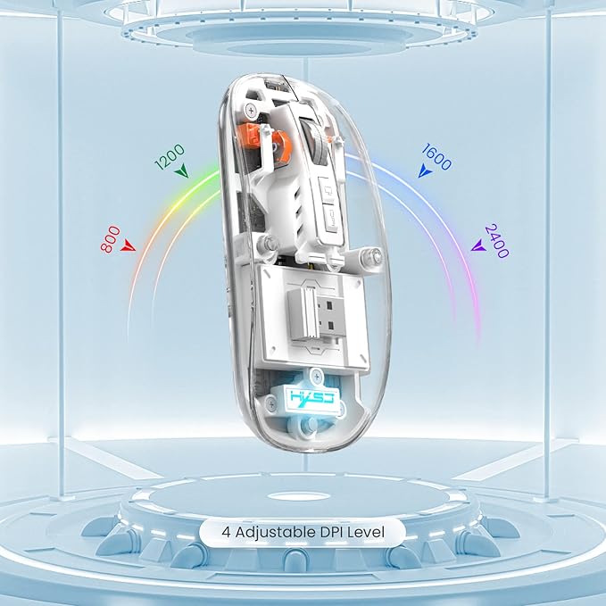 A.JAZZ Wireless Bluetooth5.1&2.4G Mini Lightweight Mouse,Transparent Clear Cool,Rechargeable Silent Computer Mice,Nano USB C Receiver,LED Battery Magic Silm for Office/PC/Mac/Laptop/Apple/ipad(White)