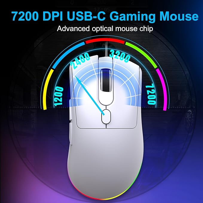 HXMJ Wired USB C Gaming Mice,7200DPI,Ergonomic Mouse with RGB Backlit for Apple MacBook,Computer or Laptops with Type C Port-White