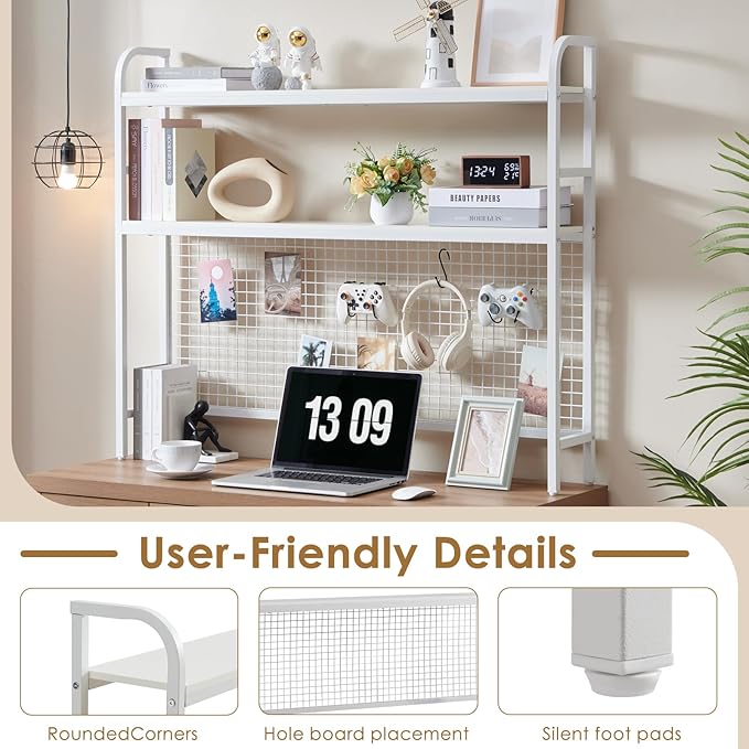 Desktop Hutch Shelf Organizer, 2-Tier Metal & MDF Desk Bookshelf with Grid Panel and Hooks for Office & Dorm (White, 45.3")