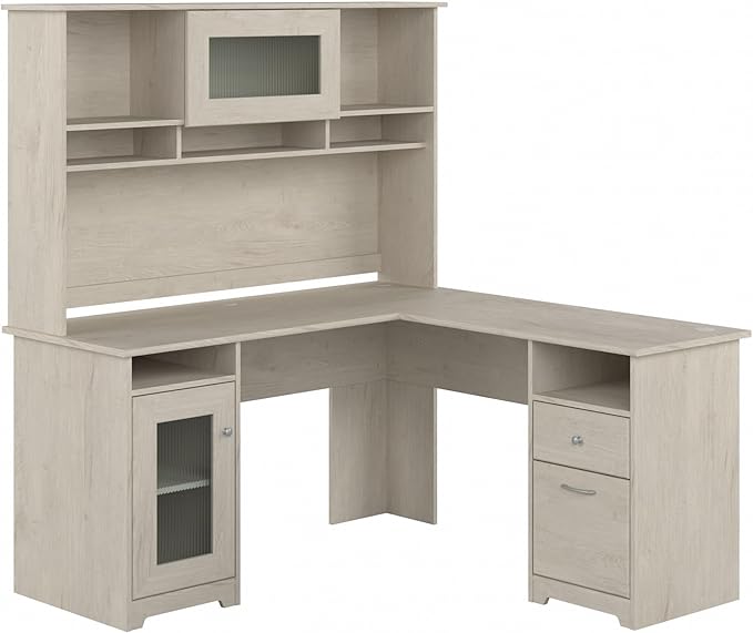 Bush Home Cabot L Shaped Desk with Hutch, Corner Desk with Storage for Home Office in Linen White Oak, 60W L Shaped Computer Desk