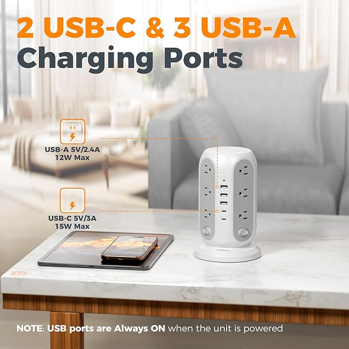 TESSAN Tower Power Strip with Individual Switches, Surge Protector with 12 Outlets, 5 USB Ports(2 USB C), Flat Extension Cord 10 Ft, 1250W, Charging Station for Multiple Devices, Office, Dorm, Grey