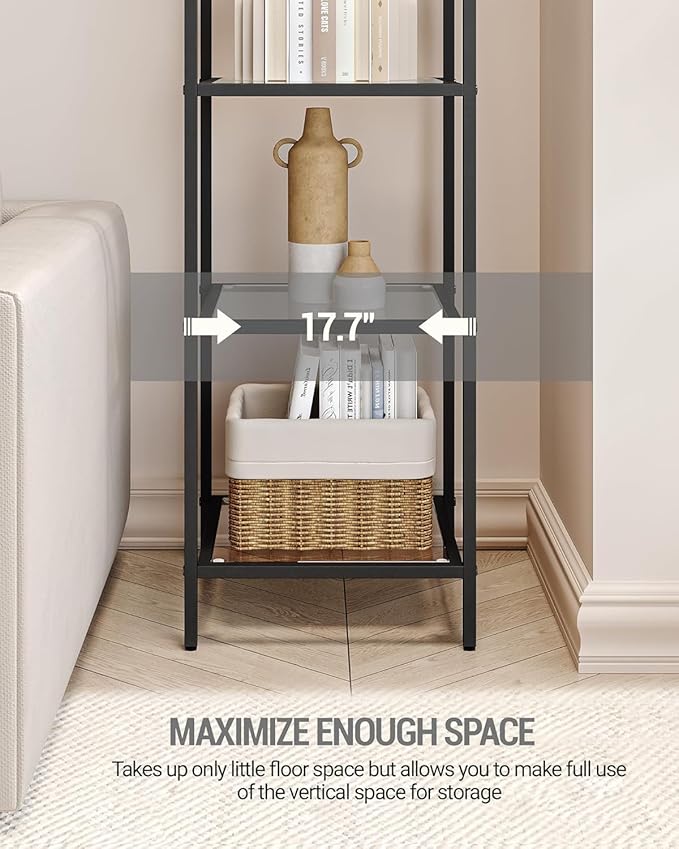 Hzuaneri Bookcase Bookshelf, Tempered Glass Arched Bookshelf for More Storage, Slim Shelving Unit for Bedroom, Bathroom, Home Office, Steel Frame, 6 Tier Black BC20699B
