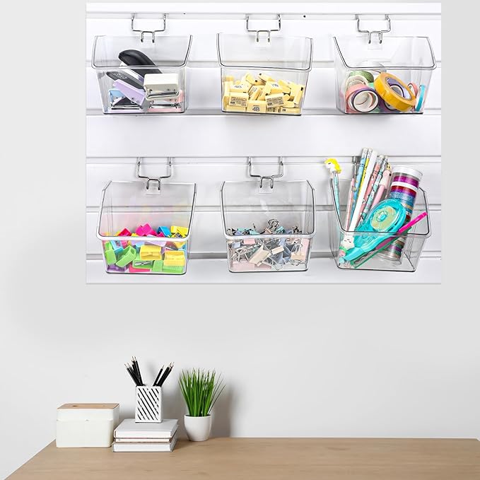 Layhit 6 Set Slatwall Bins Plastic Bins with Metal Hooks Mount Hanging Slatwall Containers Storage Organizer Slat Wall Accessories for Craft Garage Tool Storage Room Panel(Clear)