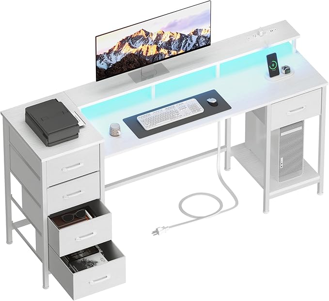 Korfile 55 Inch Gaming Desk with Power Outlets and LED Lights, Reversible Computer Desk with 5 Fabric Storage Drawers, Home Office Desk with Monitor Stand for Working Writing Study, White