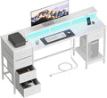 Korfile 55 Inch Gaming Desk with Power Outlets and LED Lights, Reversible Computer Desk with 5 Fabric Storage Drawers, Home Office Desk with Monitor Stand for Working Writing Study, White