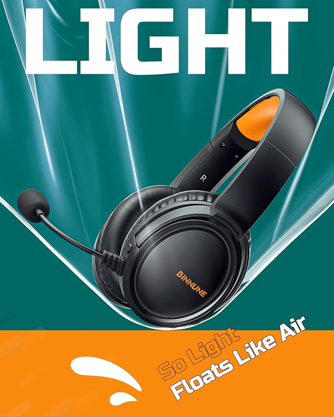 BINNUNE Wireless Gaming Headset — 2.4GHz Low-Latency USB Dongle + Bluetooth, 50mm Drivers 7.1 Surround, Noise-Cancelling Mic, 40H Battery — Over Ear Wireless Headphones for PS5, PC, Laptop, Orange