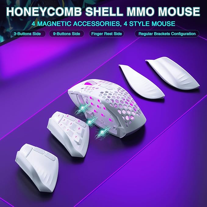 SOLAKAKA SM809 Pro Gaming Mouse with 9 Side Buttons,24000 DPI RGB Mouse for Gamer,16 Programmable Macros MMO Mouse,White