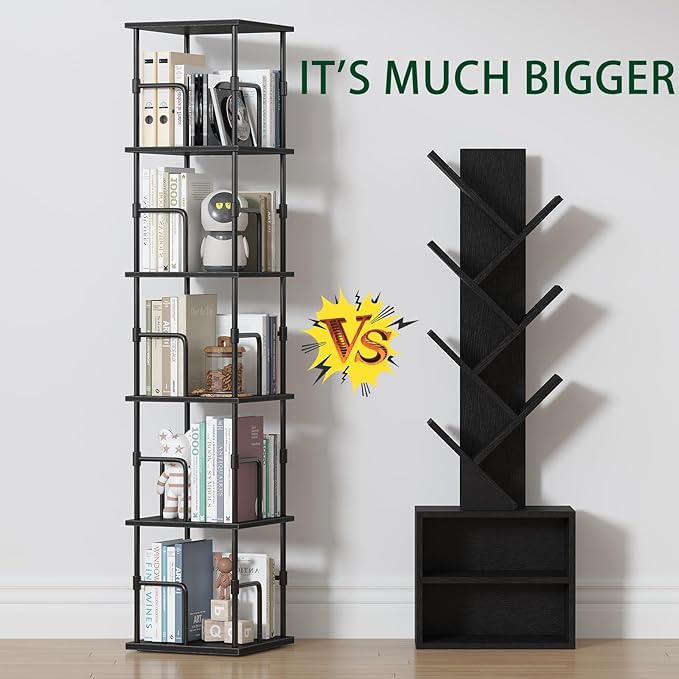 5-Tier Rotating Bookshelf, Freestanding Corner Bookshelf Industrial Style Storage Rack with Rails, for Living Room, Bedroom,