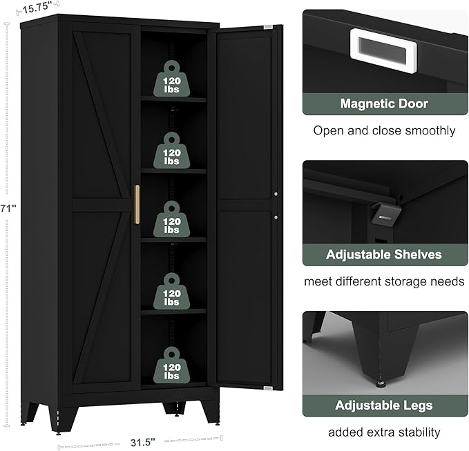 Washsemba 71'' Farmhouse Metal Storage Cabinet with Barn Doors,Steel File Cabinet for Home Office,Kitchen Pantry 4 Adjustable Shelves,Freestanding Cupboard for Kitchen,Home Office (Black)