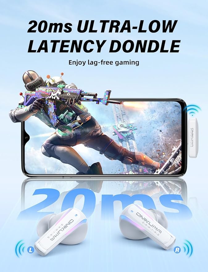 Wireless Gaming Earbuds 20ms Ultra-Low Latency, Dual-Mode 2.4GHz + BT5.3 with ENC Mic, USB-C Dongle for PS5/PS4, 3/3S/2, Steam Deck, PC/Mobile-White