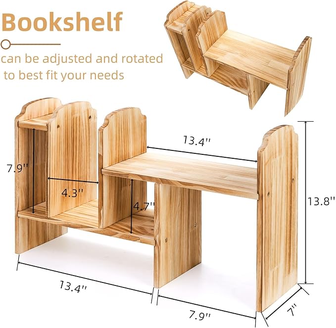 WRINGKIT Adjustable Desktop Storage, Wood Display Bookshelf with 7 Compartments, Expandable Desk Shelf Hutch, Office Storage Rack for Desk Table Storage and Organization