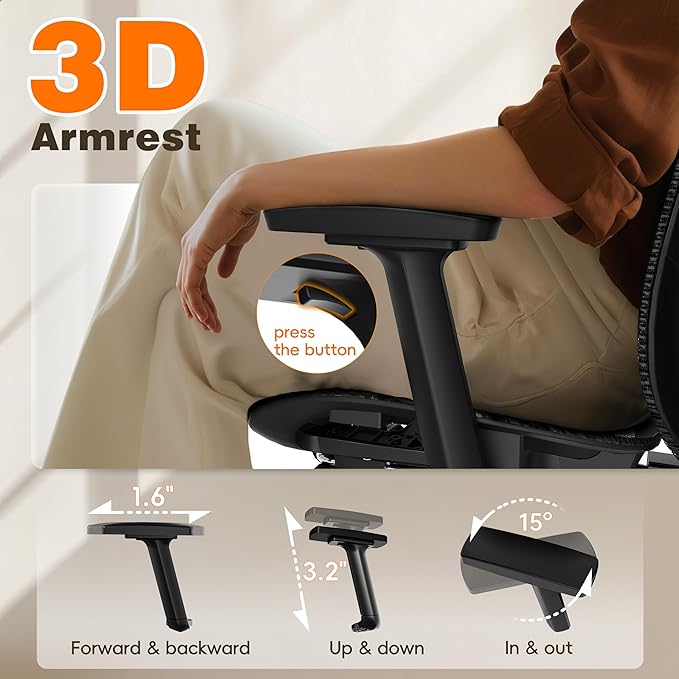 GABRYLLY Ergonomic Office Chair with Footrest, 135° Reclining Desk Chair with Adjustable Lumbar Support,3D Armrest,Headrest & Large Steel Base, 300LBS Heavy Duty Mesh Chair