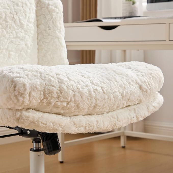 Goujxcy Desk Chair with Thickened seat Cushion, Modern Faux Fur Upholstered Home Office Chair, 360° Swivel Armless Desk Chairs, 120°Rocking Ergonomic Computer Task Vanity Chairs, Cream