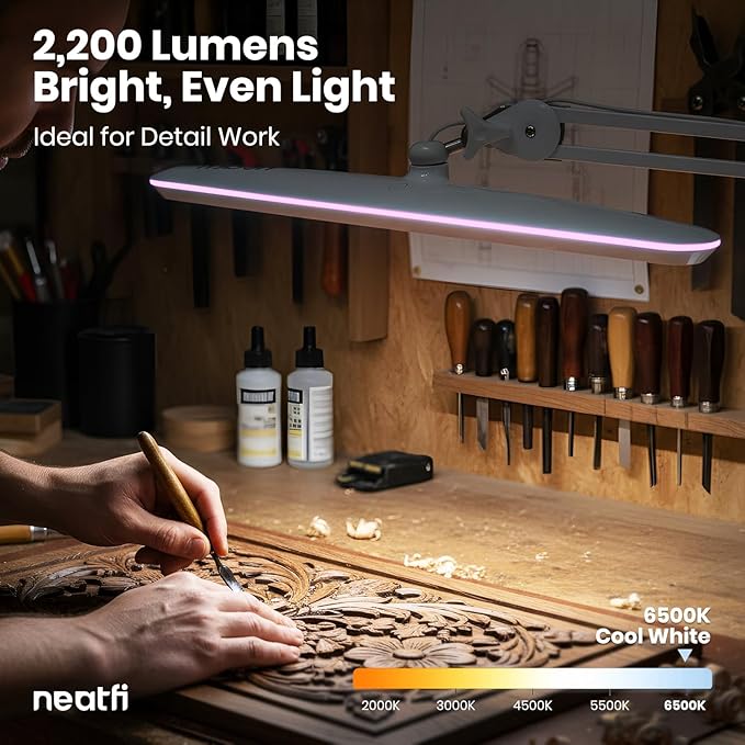 Neatfi XL 2,200 Lumens 24W LED Desk Lamp – 23” Wide Shade | Dimmable Eye-Caring Task Light | Adjustable Arm | Home Office, Study, Crafts & Nail Tech (White with Pink Ring, Non-CCT with Clamp)
