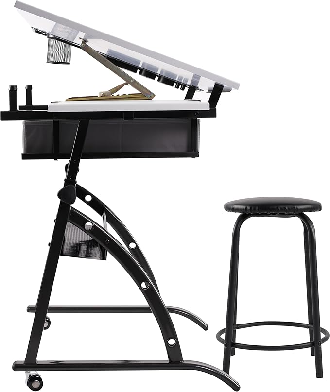 SD Studio Designs Core 2 Pc Craft Center - 35.5" W Angle Adjustable Drafting Table with Cloth Drawers, Side Shelf and Stool