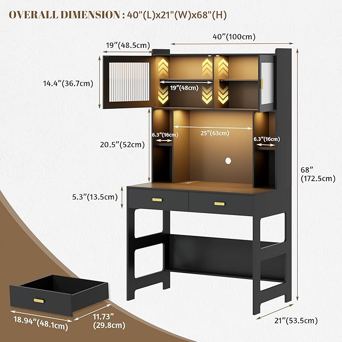 Vlsrka Home Office Desk with Hutch and Drawers, 40" Computer Desk with Storage Shelves and LED Lights, Modern Wooden Writing Study Table with Charging Station for Bedroom, Black
