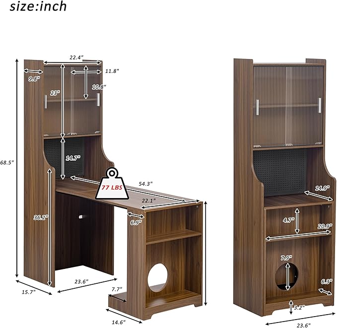 Fold-Out Convertible Office Table, Space-Saving Folding Writing Desk with Hutch & Storage Shelves, Pet-Friendly Foldable Computer Desk with Free Cat Bed for Small Spaces (Walnut)