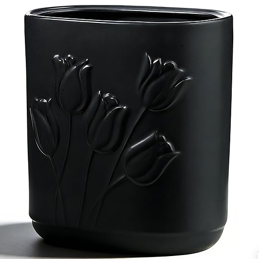 Black Ceramic Tulips Small Bathroom Trash Can 2.6 Gal (10 Liter) - Heavy & Decorative Garbage Bin for Bathroom, Kitchen, Office, Bedroom & Living Room Corner