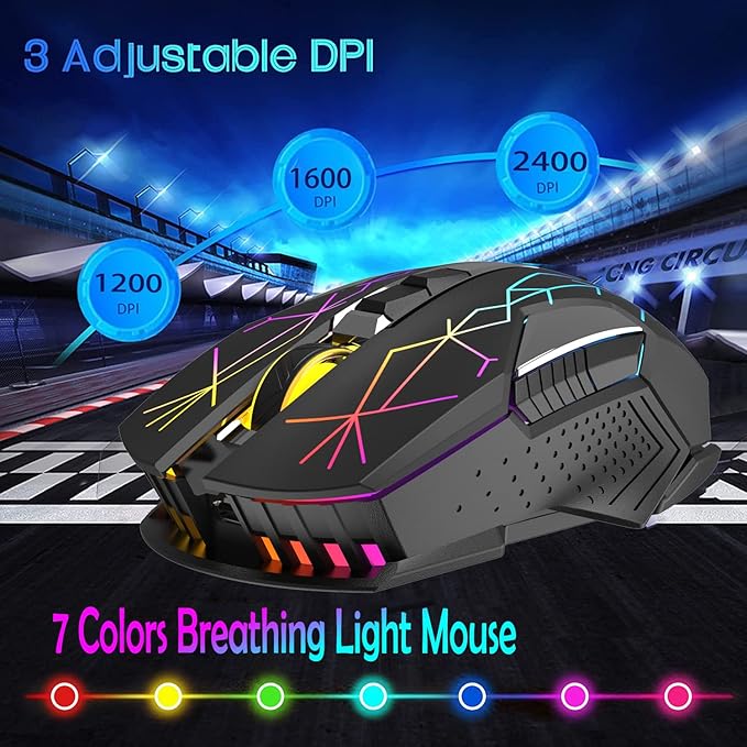 FELICON Wrieless Gaming Mouse, Silent Rechargeable Optical Sensor 3 Level DPI Computer Mice, Computer Wrieless Mouse with 7 Color LED Light for Windows/Mac/Linux/PC/Laptop(Black)