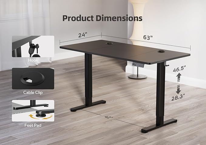 YDN Electric Standing Desk Adjustable Height, 63 x 24 Inches Stand up Desk with Cable Management, Home Office Desks with Splice Board & Black Frame, Black Top