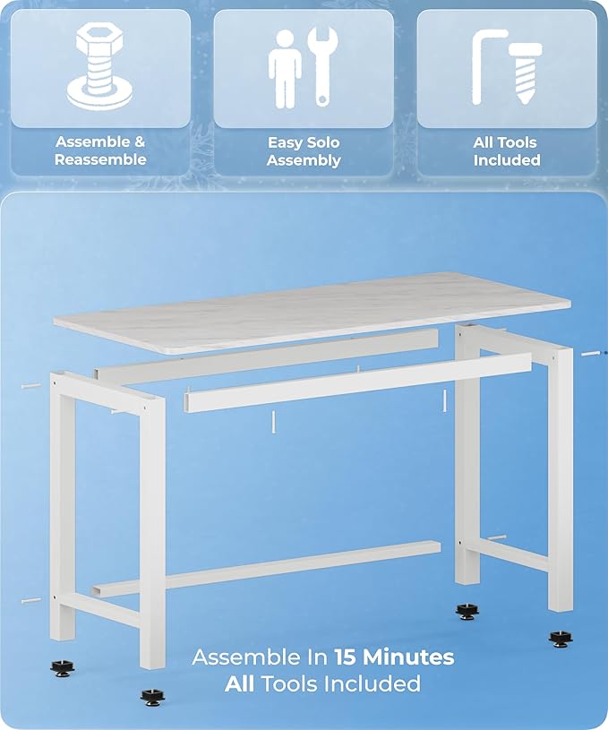 43" Home Office Desk Modern Computer Desk 43.3x23.6x29.5 inches PC Table with Thicken Frame Industrial Style Sturdy Metal Frame Furniture for Writing Gaming Marble White+White